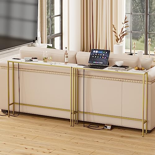 Image of Masupu 5.9 inch Skinny Console Table with Power Outlet,Modern Narrow Sofa Table Behind Couch,Skinny Entry Table with Gold Metal Frame for Entryway,Living Room, Hallway,Marble White