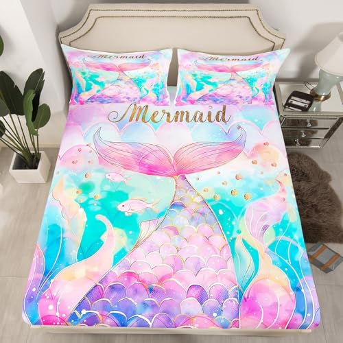 Mermaid Tail Full Size Fitted Sheet,Watercolor Purple Pink Mermaid Scale Paint 3 Pieces Kids Teenager Room Decor Princess Fairy Tale Fantasy Gradient Pocket 2 Pillowcases