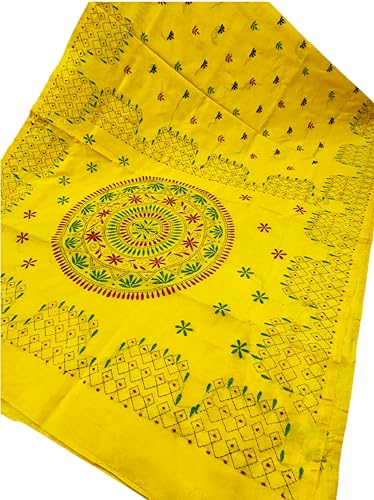Image of SHRISTI CLOTHINGS Women's Hand Embroidered Cotton Silk Kantha Stitch Saree with Blouse Piece (SB4200924 YELLOWD96)