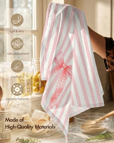 Image of Miss Adola 2 Pack Flour Sack Kitchen Towels - 16x26 Inch Cotton Dish Towels with Hanging Loop Reusable Geometric Cute Modern Retro Tea Towel Absorbent Dishcloths Home Decor, Pink Bow