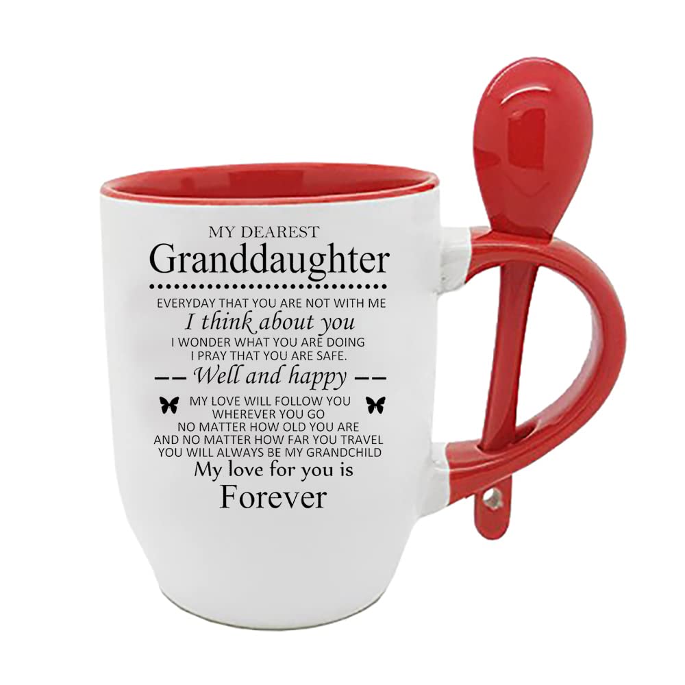 Granddaughter Gifts from Grandma, Grandad, Birthday, Christmas, Thanksgiving Gifts, Gift for Girl Coffee, Tea Mug Unique Spoon Ceramic Mug. (Red)