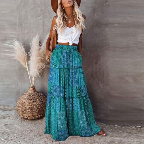 Boho Skirts for Women Pleated Ruffle Flowy Skirt Women's Summer Long Maxi Bohemian High Waist A Line Skirt with Pockets2