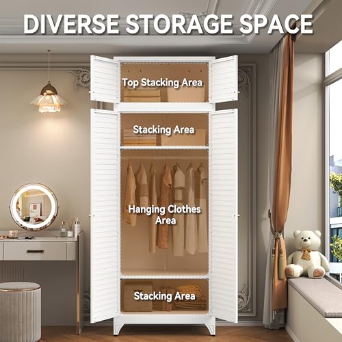 Metal Armoire Wardrobe Closet, 86" Tall Wardrobe Armoire with Hanging Rod, Almirah for Clothes with Doors, 18" D x 32" W x 86" H, White, Assemble Required, Shipped in Two Packages - Image 6