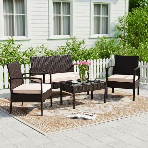 Image of DEVOKO Marbella 4 Pieces Patio Set, Outdoor Sectional Sofa Rattan Wicker Conversation Set with Soft Cushion and Glass Center Table for Outside Porch, Lawn, Garden, Backyard (Dark Brown and Cream)