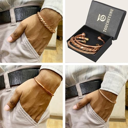 Image of Touchstone copper bracelets | gift for men women |adjustable 100% pure solid real magnetic jewelry | handmade bracelet set combo | rope braided tibetan bangles.
