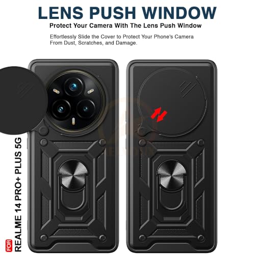Image of Armor Bumper Back Cover Case for Realme 14 pro Plus 5g Rotating Camera Cover, Ring Holder & Kickstand | Heavy Duty & 360 Degree Protection Realme 14 pro Plus 5g Back Cover (Black)