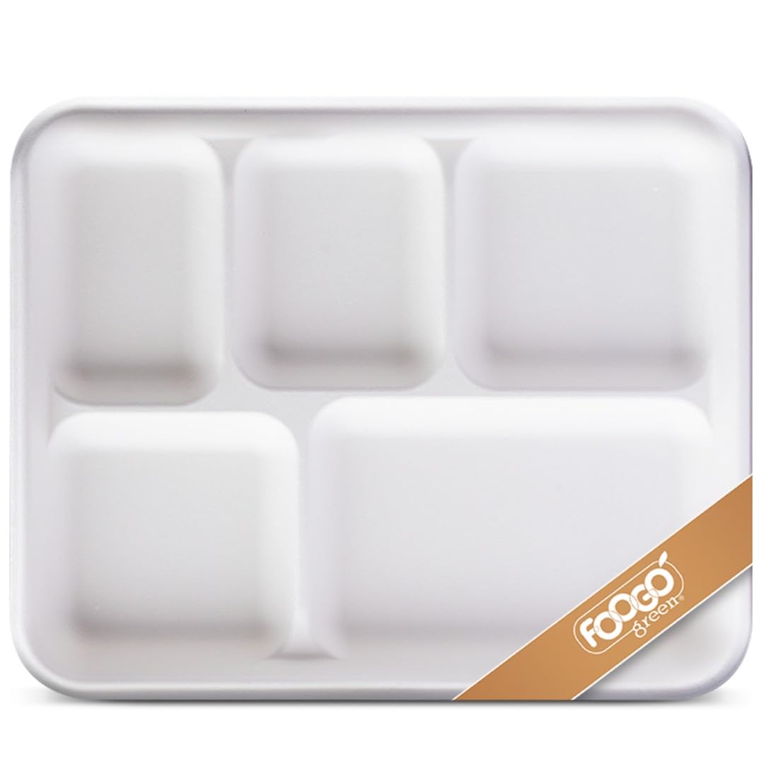 FOOGO Green 50pcs Large Disposable Plates with compartments, 10x8 inch 5 Compartments, Sugarcane Bagasse Paper Trays, Divided Plates for Hot Food, Portion Control