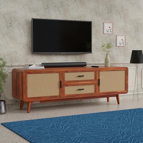 Image of DRIFTINGWOOD Amber Solid Sheesham Wood Modern Rattan TV Console for Upto 65 Inch TV, Boho Entertainment Center with 4 Storage Compartments (2 Drawers, 2 Cabinets), Honey Finish