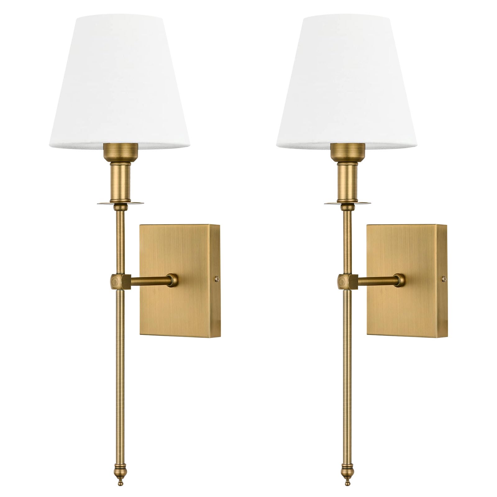 Pauwer Slim Wall Sconces Set of 2 White Fabric Shade Hardwired Indoor Light Column Stand Bedroom Wall Lamp Bathroom Vanity Light Fixture, Antique Brass