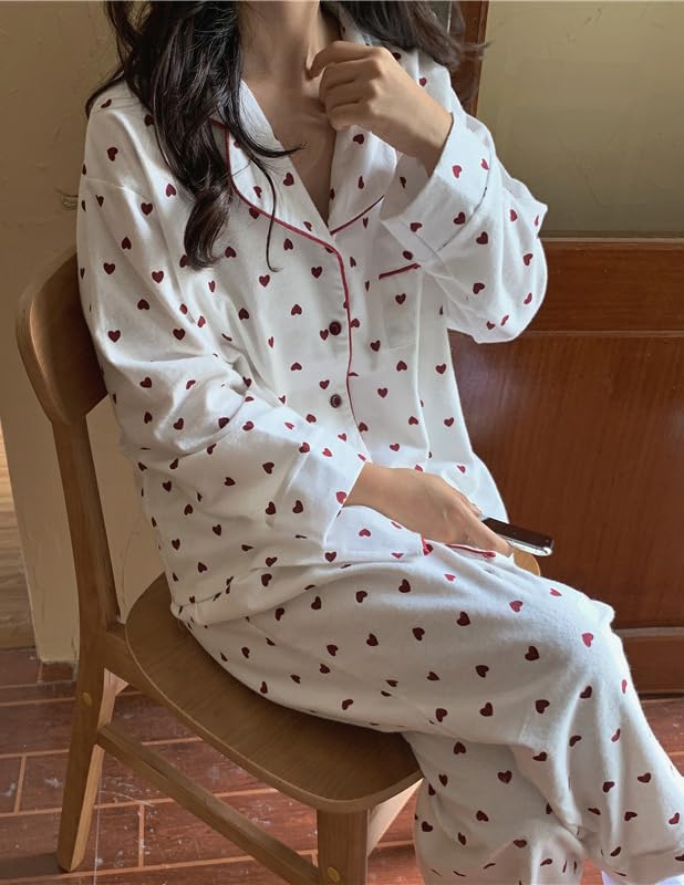 Womens Cotton Flannel Pajama Set Cute Heart Pjs Long Sleeve Button Down Shirt and Long Pants Warm Sleepwear3