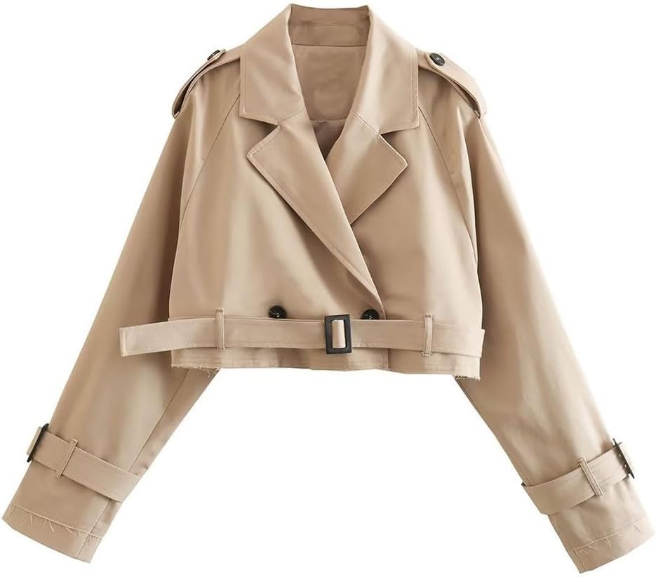 Women's Spring Long Sleeve Cropped Trench Jacket XS Khaki