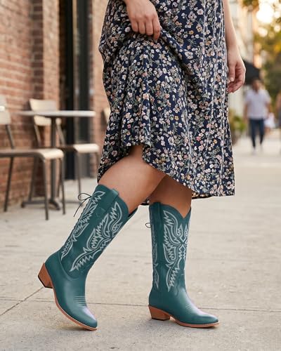 Image of Uillnoodu Wide Calf Cowboy Boots Women Adjustable Lace Up Knee High Tall Plus Size Cowgirl Boots Western Style Comfortable 2-Inch Heel