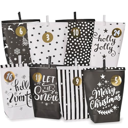 Adventskalender zum Befüllen - 24 Papier Adventstüten zum Basteln für Weihnachten -black & white Motiv-Papier Weihnachtstüten mit Zahlenaufkleber