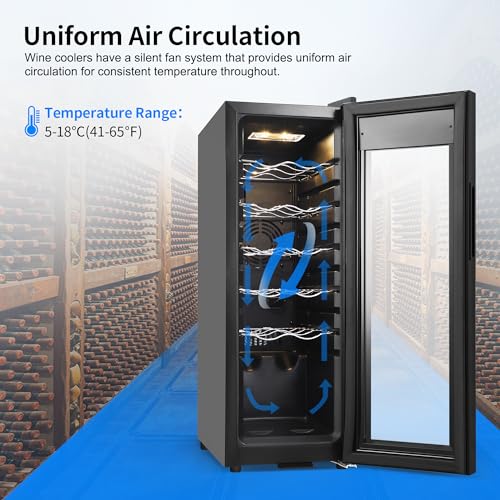 Wine Cooler Refrigerator 12 Bottles, Small Wine Fridge Mini Wine Fridge Countertop with Glass Door Wine Cellars for Red Wine, Champagne, Dry White Wine, Sparkling Wines