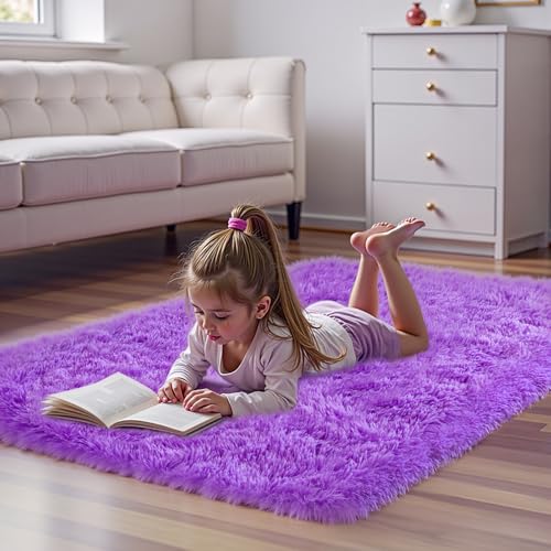 Purple Area Rugs for Bedroom Living Room, 3x5 Soft Fluffy Fuzzy Shag Plush Furry Carpet, Large Indoor Floor Mat for Kids Nursery Home Dorm Office Decor Aesthetic