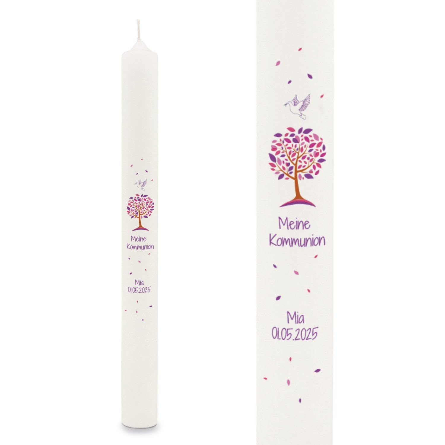 GRAVURZEILE Bedruckte Stabkerze - Lebensbaum - Personalisiert mit Name & Datum - Geschenk zur Taufe, Kommunion oder Konfirmation - Für Jungen & Mädchen - Altarkerze 400/40 mm - Farbe: Lila