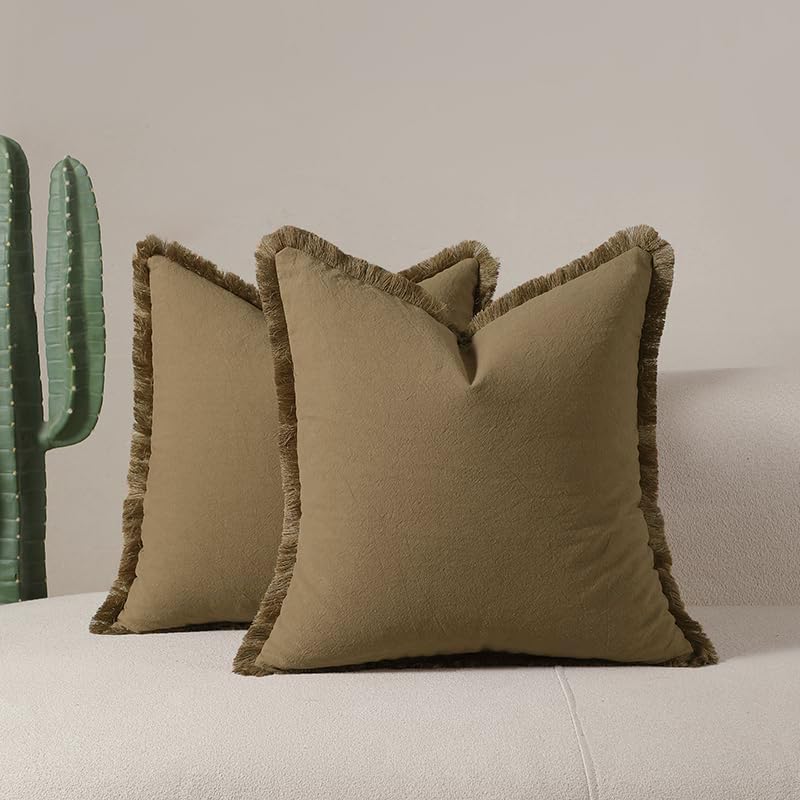 Tennove Cushion Covers 45x45cm Set of 2 Decorative Boho Throw Pillow Case with Fringe Tassels Washed Cotton Linen Soft Farmhouse Pillow Cover for Home Sofa Bed Room, Mocha Brown