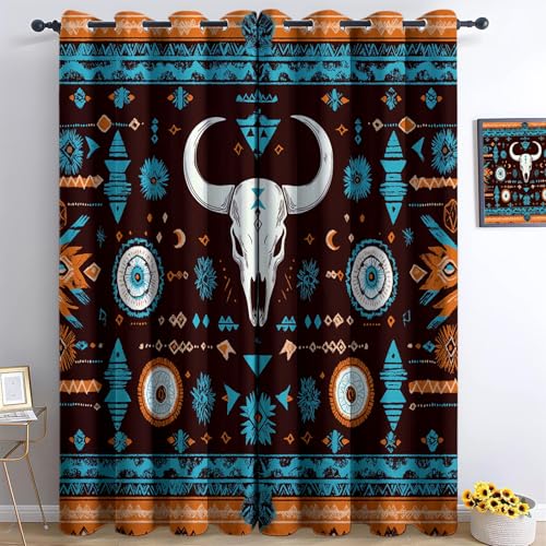 Estilo Bohemio Calavera De Toro Fases Lunares Cortinas Ojales Aislantes Termicas Ventana 2 Piezas, Impresión 3D Cortinas Opacas Habitacion Y Dormitorio para Infantiles Poliéster Cortinas 117 x 183 cm