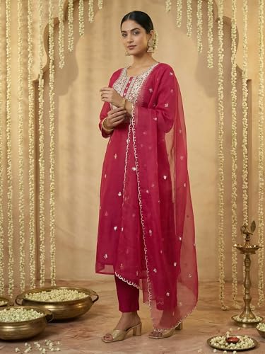 Image of INDO ERA Women's Silk Blend Floral Embroidered Thread Work Straight Kurta & Pant with Dupatta Set | Kurti Set