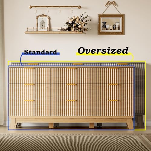 Image of BORNOON Fluted 9 Drawer Dresser, 57.1 inch Wide Modern Boho Chest of Drawers, Wooden Storage Dresser TV Stand for Bedroom, Living Room, Closet, Hallway, Curved Profile Design