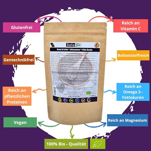 Dalia - Bio Chiasamen 1000g | Omega-3 & Ballaststoffe | Glutenfrei | Vegan | Superfood Premium-Qualität