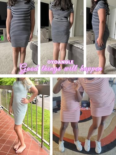OYOANGLE Girl's Summer T-Shirt Dress Striped Print Short Sleeve Ribbed Knit Casual Dress4