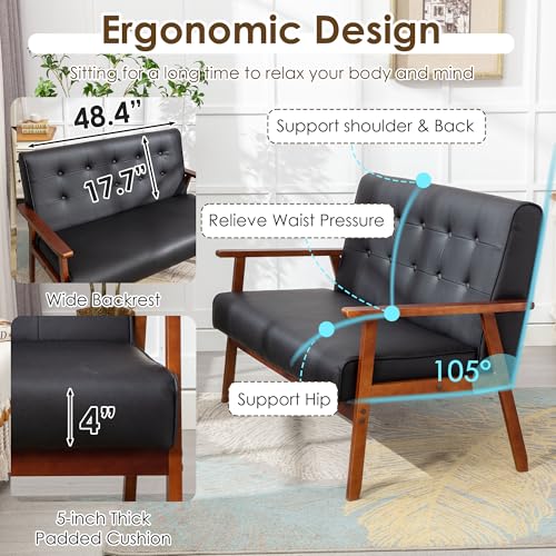 Image of STHOUYN Black Small Leather Couch, 2 Seater Loveseat with Wooden Armrest | STHOUYN, Waiting Room Bench, Mid Century Modern, Living Room, Bedroom, Apartment, Dorm