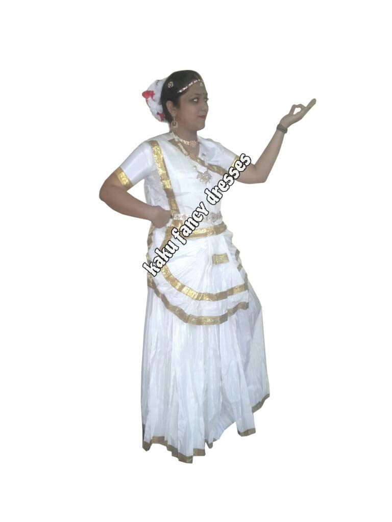 Kaku Fancy Dresses Mohiniattam Classical Dance Costume/Indian Traditional Dress/Dancy Costume for Kids/Classical Dance Fancy Dress - White, 10-12 Years, for Girls