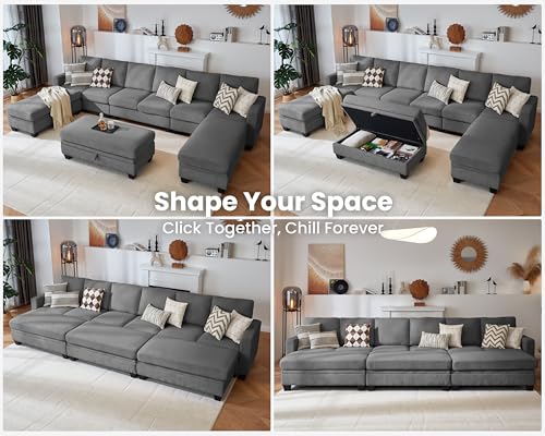 Image of CHIC HOUSE Modular Sectional Couch| Corduroy L Shaped Sleeper Sofa, U-Shape Sofa Bed Convertible Chaise with Storage Ottoman for Living Room Modern Furniture (Dark Grey, 12 Seater Sleeper)