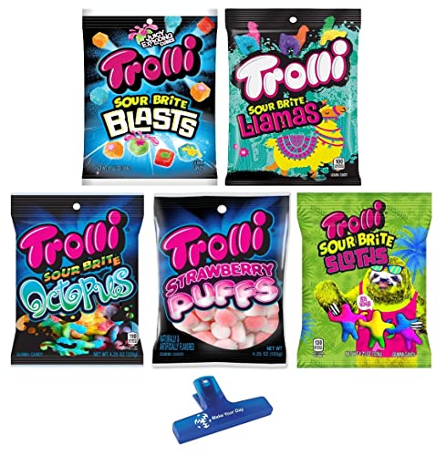 Trolli Gummy Candy, Sour Brite Blasts, Sour Brite Llamas, Sour Brite Octopus, Strawberry Puffs, and Sour Brite Sloths, 4.25 Ounce (Pack of 5) - with MYD Bag Clip