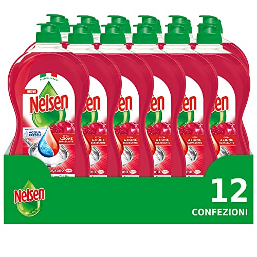 Nelsen Argilla e Melograno, Detersivo per Piatti a mano, sgrassa a fondo con Azione Rinfrescante Sulle Stoviglie, confezione risparmio da 12 flaconi da 850 ml