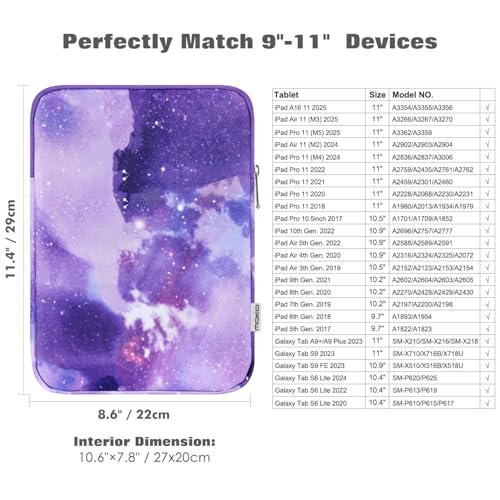 Image of MoKo 9-11 Inch Tablet Sleeve Bag Padded Protetive Carrying Case | Fits New 11inch iPad Air M4, iPad A16 2025, iPad Pro 11 M4, Air 5 /4 /3, iPad 10 /9 /8th Gen, Tab S8 /S9 11 inch, Purple Starry Sky