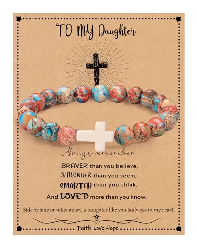 Image of Cross Bracelets for Women, Christian Gifts for Women Stocking Stuffers for Teens Cross Bracelet Imperial Nature Stone Bead Bracelet Confirmation Baptism Gift for Teen Girls Christmas Religious Gift Cathlic Faith Jewelry