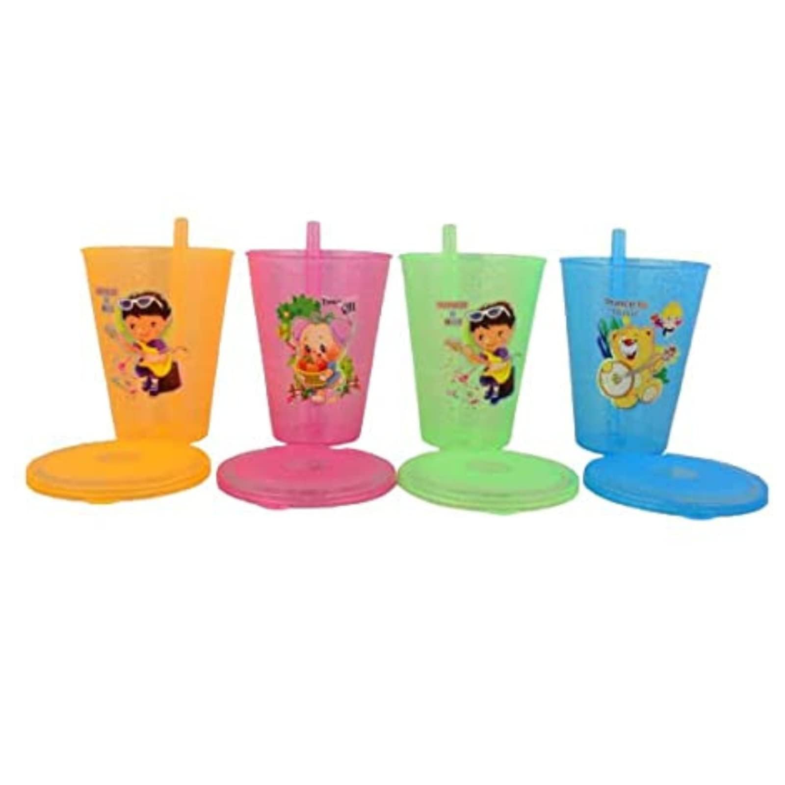BPA Free Fun Cartoon Printed Bright Color Straw Cup Sipper Glass with LID for Toddler, Kids, Boys/Girls (Pack-4)-image-36