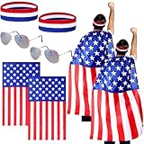 Mepase 6 Pcs American Flag Costume Cape Set 4th of July Patriotic Accessories 250th Retro 80's USA Outfits Sunglasses Flag Headband