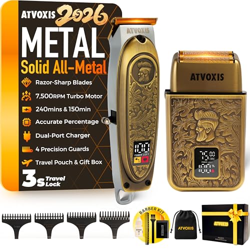 All-Metal Body Razor-Sharp T-Blade Hair/Beard Trimmer with 4 Guards & Close Shave Foil Shaver Kit...