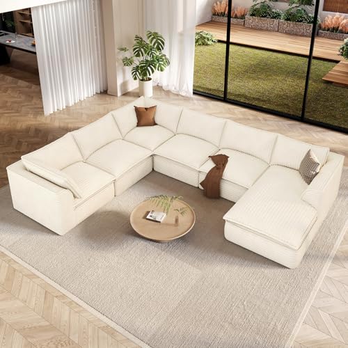 Image of Vesgantti 141.7 inch Oversized Sectional Boneless Couch, Modern 7 Seater Modular Sofa with Chaise, Deep Seat Convertible Plush Corduroy Cloud Couches for Living Room, No Assembly Required, Beige