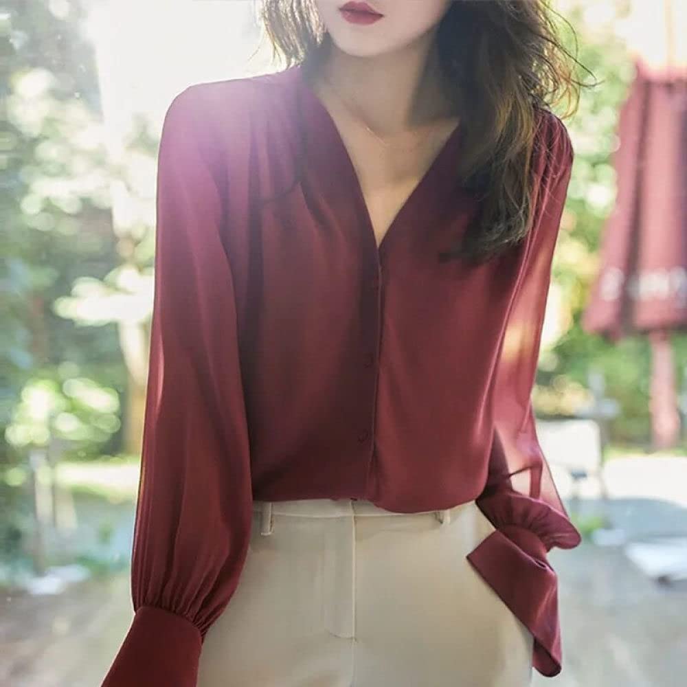 Elegantes Lässiges Langarm-Top,Damen Satin Seide Bluse Shirt Rot V-Ausschnitt Übergroße Puffärmel Langarm Mode Hemden Business Hemd Mit Knopf Sexy Party Tops Lässige Arbeit Bürobluse Für Mädchen Dam