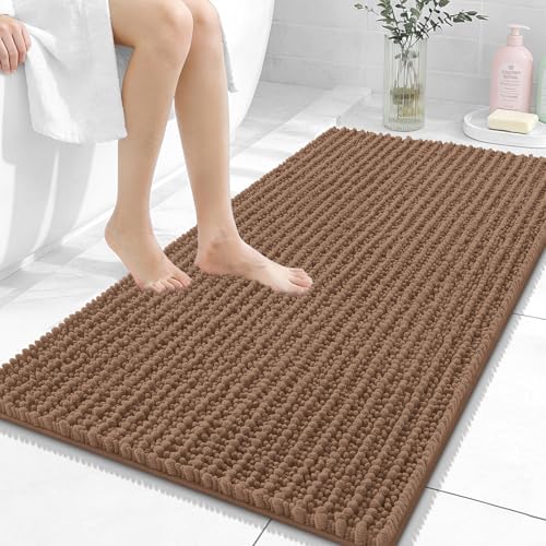 Image of OLANLY Bathroom Rug Mat 44x24, Thick Soft and Absorbent Chenille Bath Mat, Non-Slip Rubber Backing, Machine Washable Quick Dry Bath Rugs for Tub Shower Floor, Home Decor Accessories, Mocha