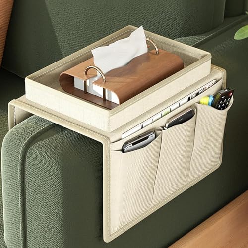 Techchii Organizador de reposabrazos para sofá, multifuncional, reposabrazos antideslizante, bolsillos múltiples, ofrece espacio para bebidas, teléfonos móviles, revistas, libros y aperitivos (beige)