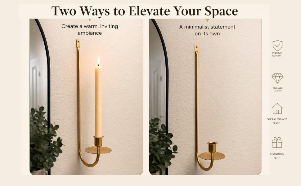 Gold Wall Candle Sconces Set of 2, Metal Wall Candle Holders for Taper Candles, Modern Wall Mounted Candlestick Holders for Living Room, Bedroom, Entryway, Fireplace Decor