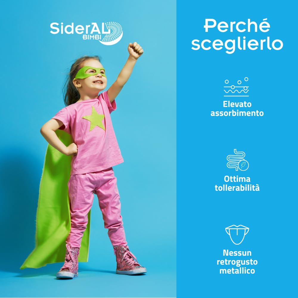 SiderAL Bimbi integratore alimentare a base di ferro Sucrosomiale® (9 mg), Vitamina C, B, B12 Sucrosomiale® e Acido Folico, No gusto metallico, No Glutine, Alta tollerabilità, 20 bustine, Pharmanutra
