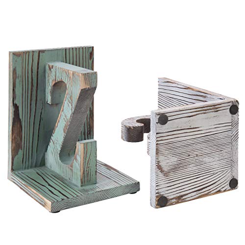 Mygift Vintage Wood Decorative Bookends Decorative White And Blue Alphabet A And Z Design, Home Office Desk Decor #TOP5