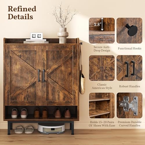 Image of Yaheetech Shoe Storage Cabinet with Doors, Farmhouse Shoe Cabinet with 2 Adjustable Shelves and 4 Side Hooks, Wooden Shoe Rack Organizer Cabinet for Entryway, Foyer, Hallway, Rustic Brown