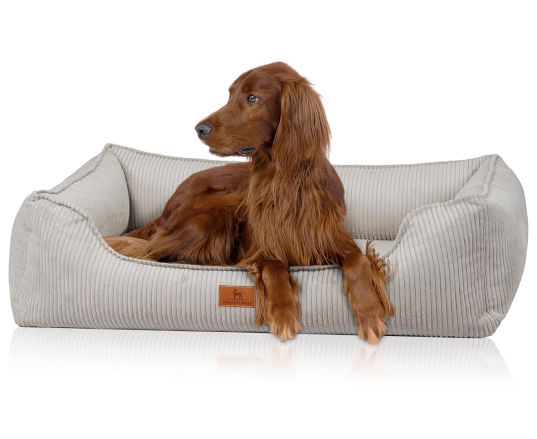 Knuffelwuff Nunavut Orthopädisches Hundebett aus Cord mit handgewebtem Charakter XXL 120 x 85 cm Hellgrau – Abnehmbarer Bezug – waschbar – für große, mittlere und kleine Hunde
