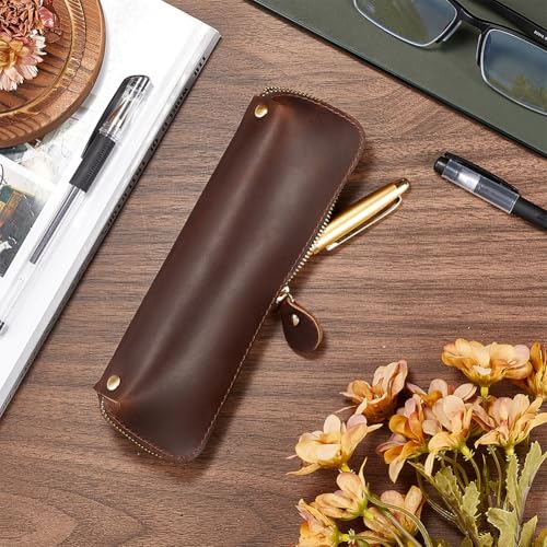 GORGECRAFT Genuine Leather Pen and Pencil Case Large Capacity Crazy Horse Zippered Pen Pouch Coconut Brown Portable Rectangle Leather Pen Bags with Zipper for Men and Women Office Supplies Pen Case - Image 4
