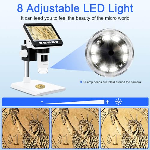 Image of 4.3 inch Digital Microscope for Adults, SKYEAR Coin Microscope 1000X Magnification with 8 Ajustable LED Fill Lights, USB Microscope for Windows /MacOS, Coin Collection Supplies-White