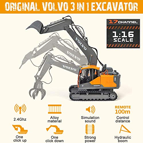 Image of Double E Volvo 1:16 Scale Remote Control Excavator, 17 Channel 3-in-1 Construction Toy with Metal Shovel, Drill, Grab & Lights, 2.4GHz Full Function Digger for Outdoor Sandbox, Gift for Kids & Adults