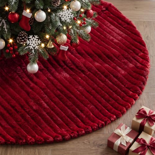 Lanpn Falda Cubre Pie para Arbol de Navidad de 120cm, Gran Lujo Piel Sintética Alfombra de árbol de Navidad Redondas, Cubiertas para Base Alfombra para Decoración Navideña de Interiores (Rojo)