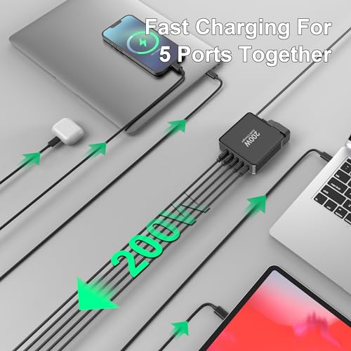 Tobetravel 200W USB C Charger, 5 Ports GaN Fast Charger, PD100W USB C Desktop Charging Station for iPhone 16 15, MacBook Pro/Air, Galaxy S24 S23 and More - image 3